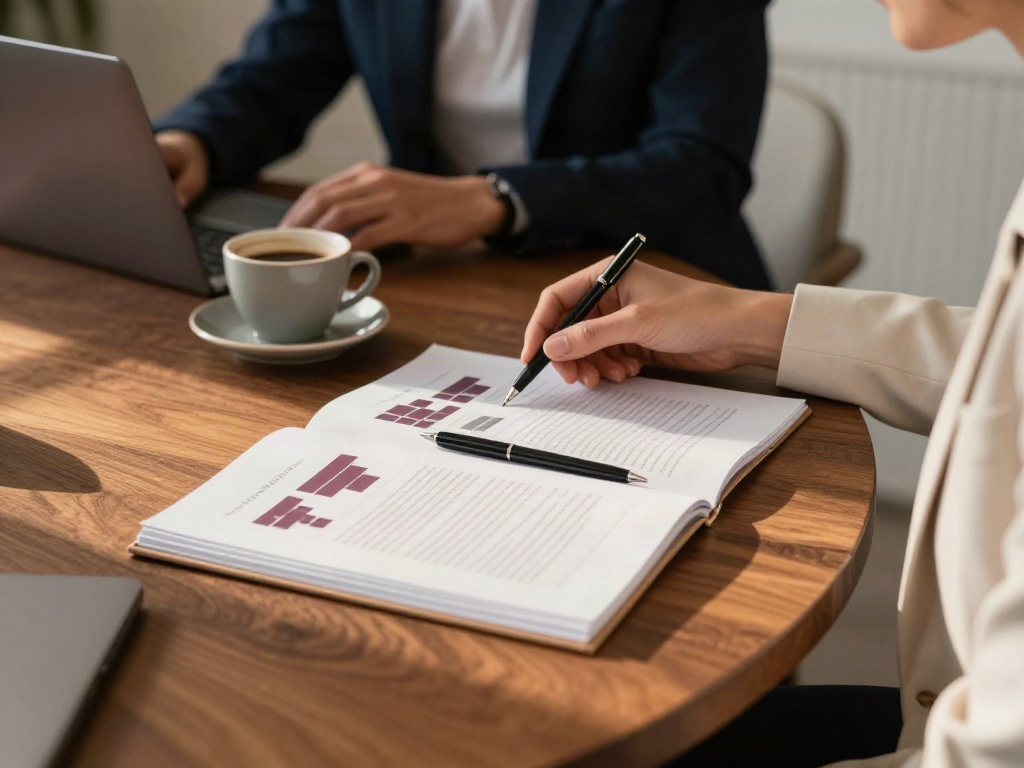 A detailed business report being reviewed during a consulting session