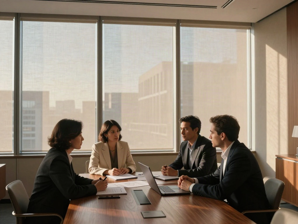 Consultants sharing perspectives in a warm, sunlit strategy meeting